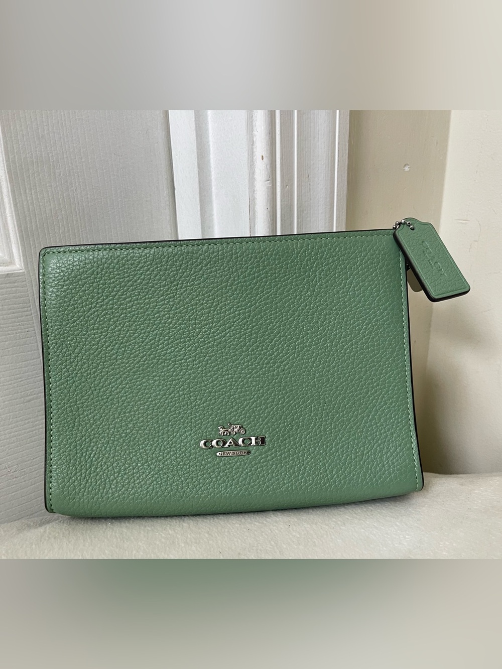 Coach Mint Green Pebbled Leather Wristlet Clutch